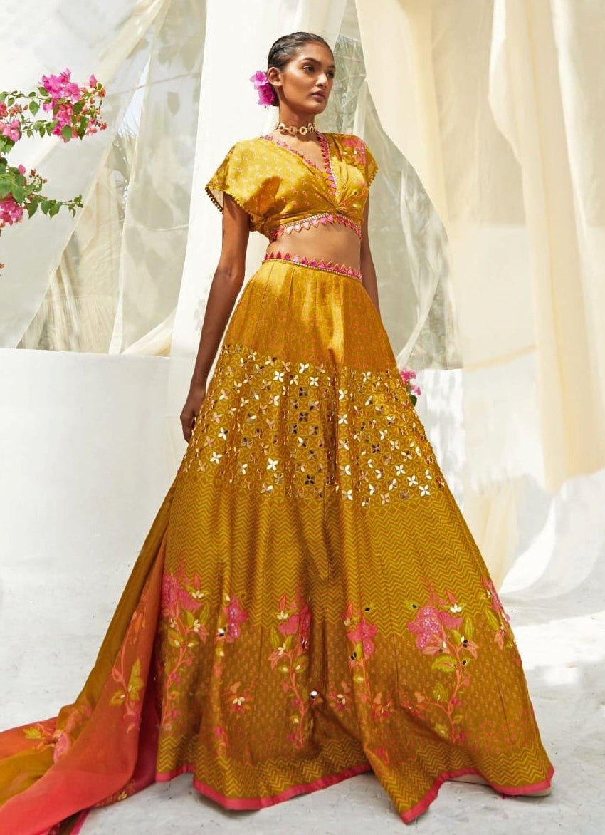 Mehndi Green Printed And Gold Embroidered Lehenga Set Basil Leaf - Fabilicious Fashion