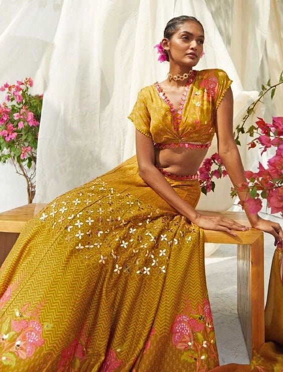 Mehndi Green Printed And Gold Embroidered Lehenga Set Basil Leaf - Fabilicious Fashion