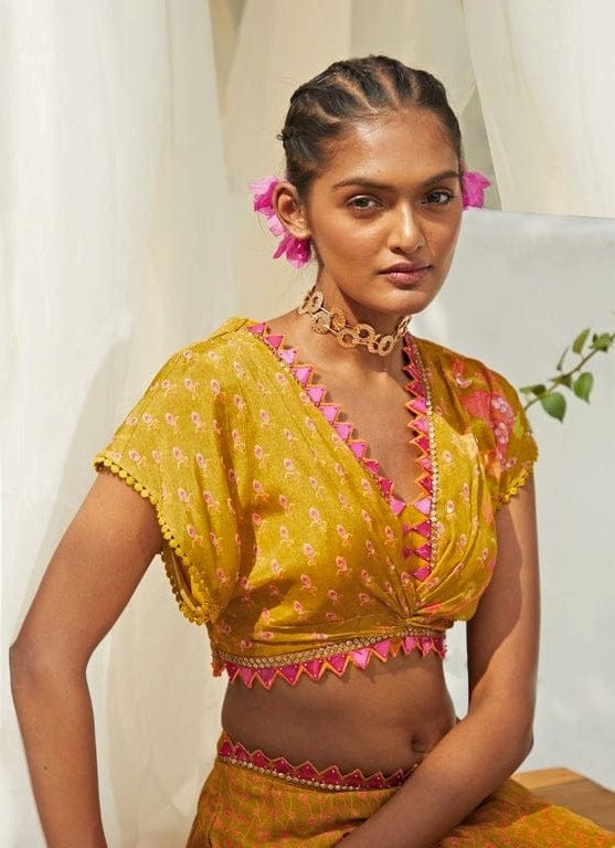 Mehndi Green Printed And Gold Embroidered Lehenga Set Basil Leaf - Fabilicious Fashion