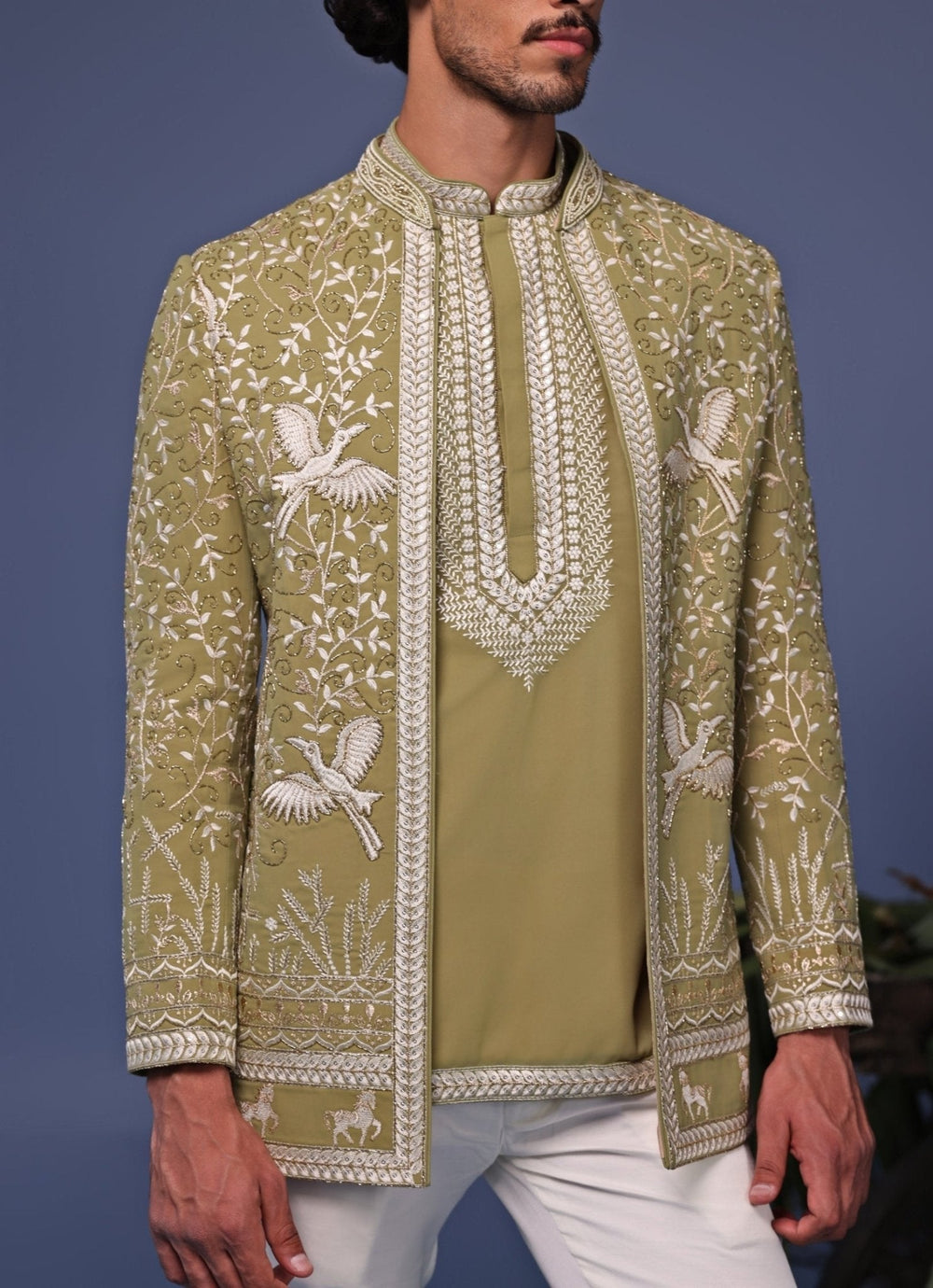 Mehndi Green Thread Embroidered Jodhpuri Jacket Pant Set Kalpraag - Fabilicious Fashion