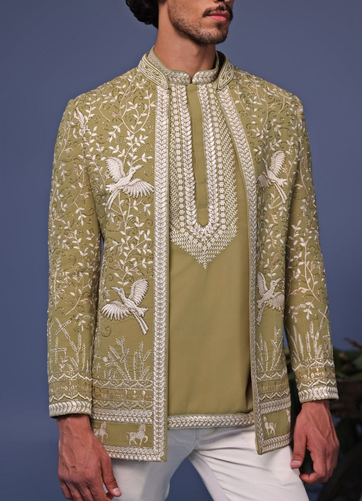 Mehndi Green Thread Embroidered Jodhpuri Jacket Pant Set Kalpraag - Fabilicious Fashion