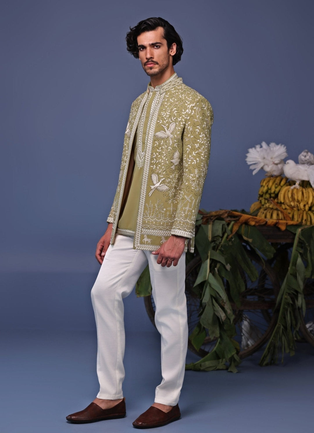 Mehndi Green Thread Embroidered Jodhpuri Jacket Pant Set Kalpraag - Fabilicious Fashion