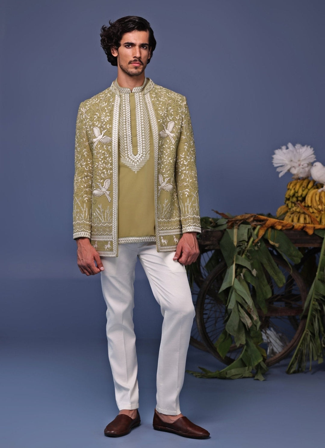 Mehndi Green Thread Embroidered Jodhpuri Jacket Pant Set Kalpraag - Fabilicious Fashion