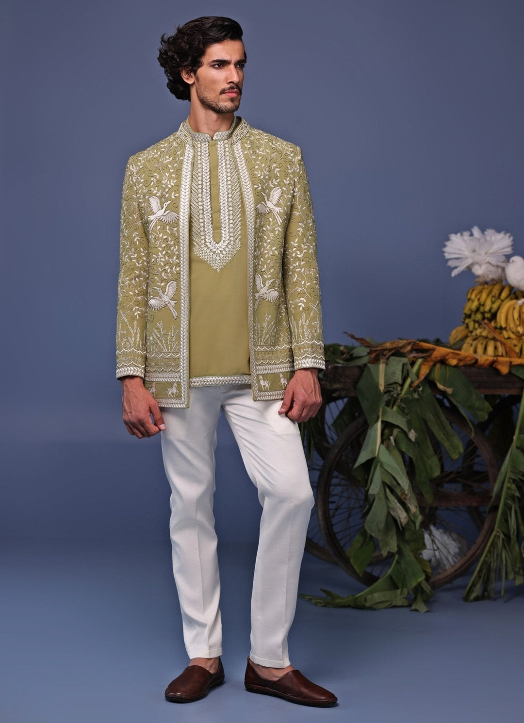 Mehndi Green Thread Embroidered Jodhpuri Jacket Pant Set Kalpraag - Fabilicious Fashion
