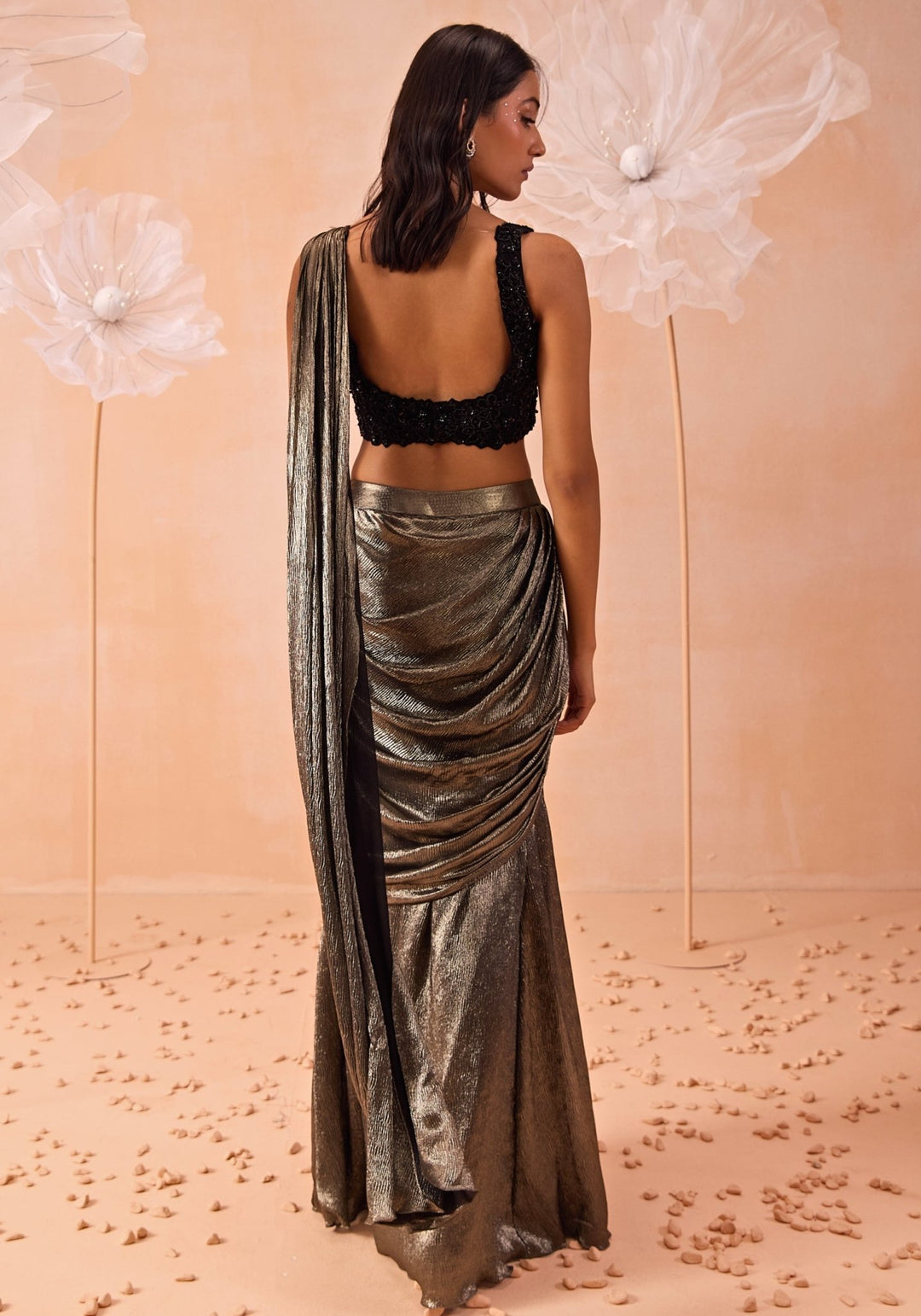 Metallic Black Pre - Draped Saree Set Parul Gandhi - Fabilicious Fashion