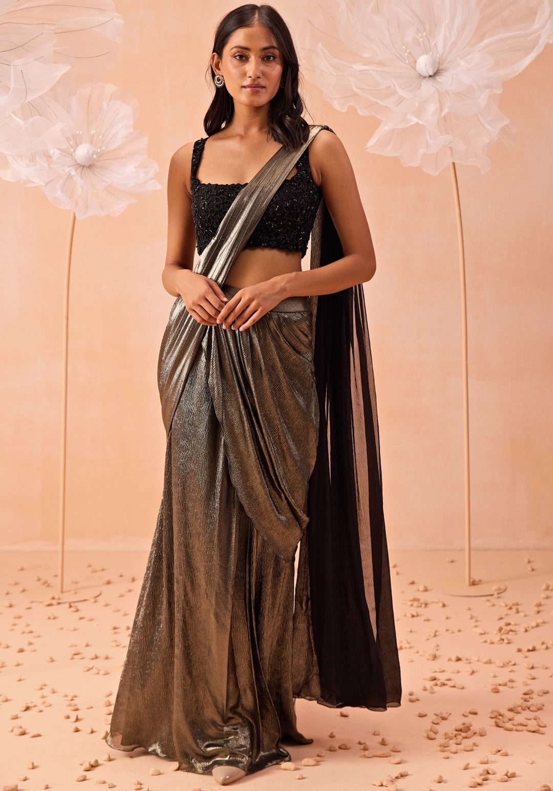 Metallic Black Pre - Draped Saree Set Parul Gandhi - Fabilicious Fashion