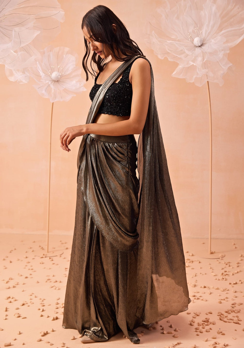 Metallic Black Pre - Draped Saree Set Parul Gandhi - Fabilicious Fashion