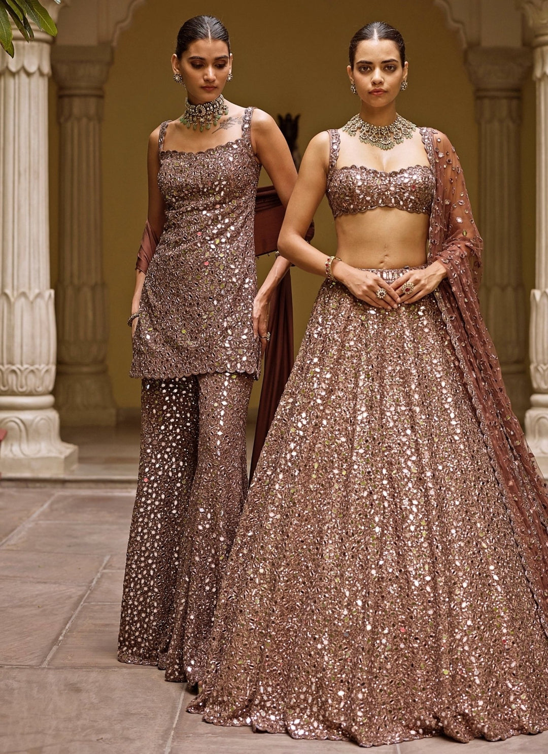 Vvani by Vani Vats Metallic Brown Mirror Crepe LehengaFabilicious Fashion