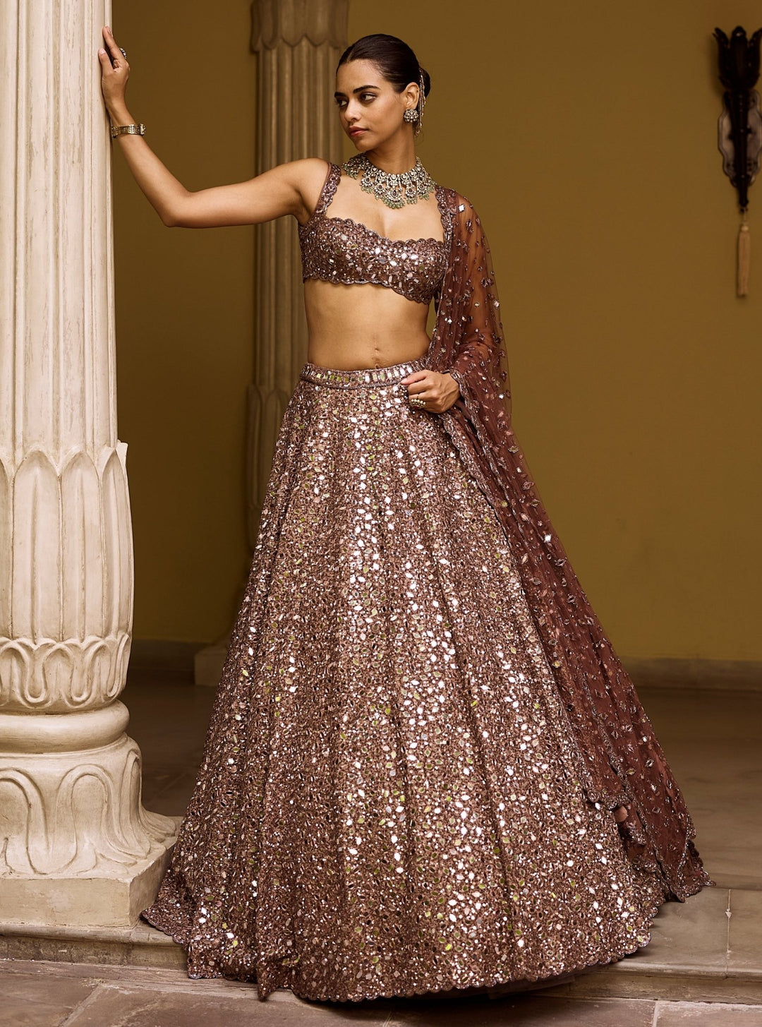 Vvani by Vani Vats Metallic Brown Mirror Crepe LehengaFabilicious Fashion