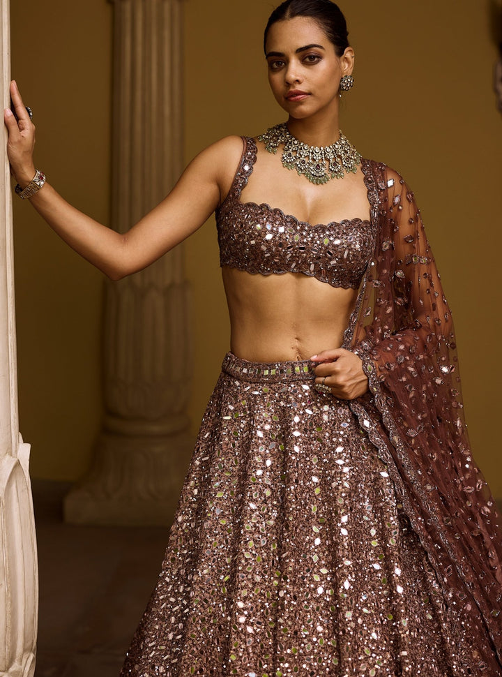 Vvani by Vani Vats Metallic Brown Mirror Crepe LehengaFabilicious Fashion