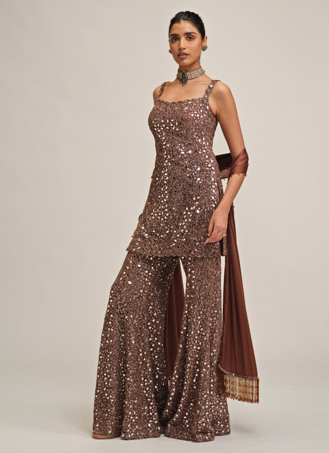 Vvani by Vani Vats Metallic Brown Soft Net Kurta ShararaFabilicious Fashion