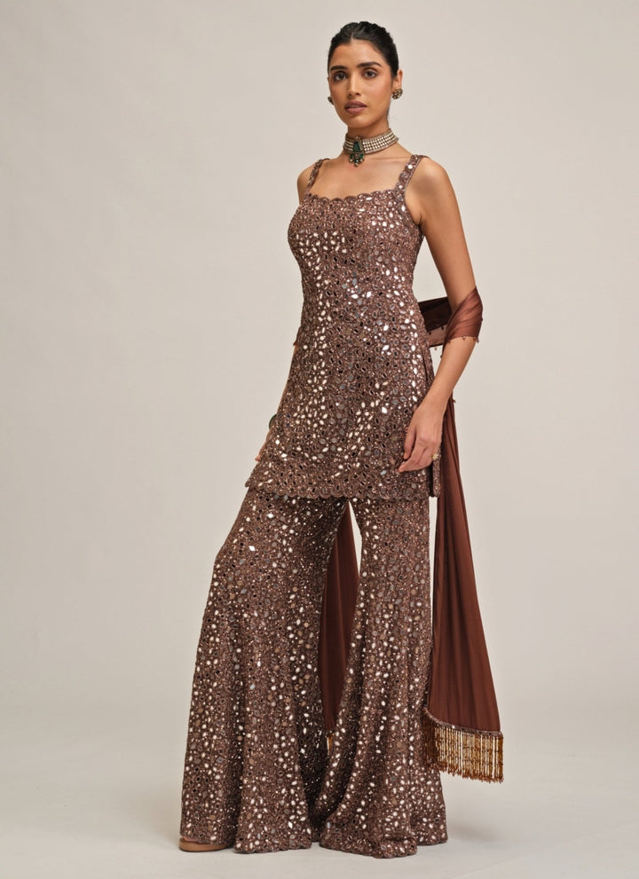 Vvani by Vani Vats Metallic Brown Soft Net Kurta ShararaFabilicious Fashion