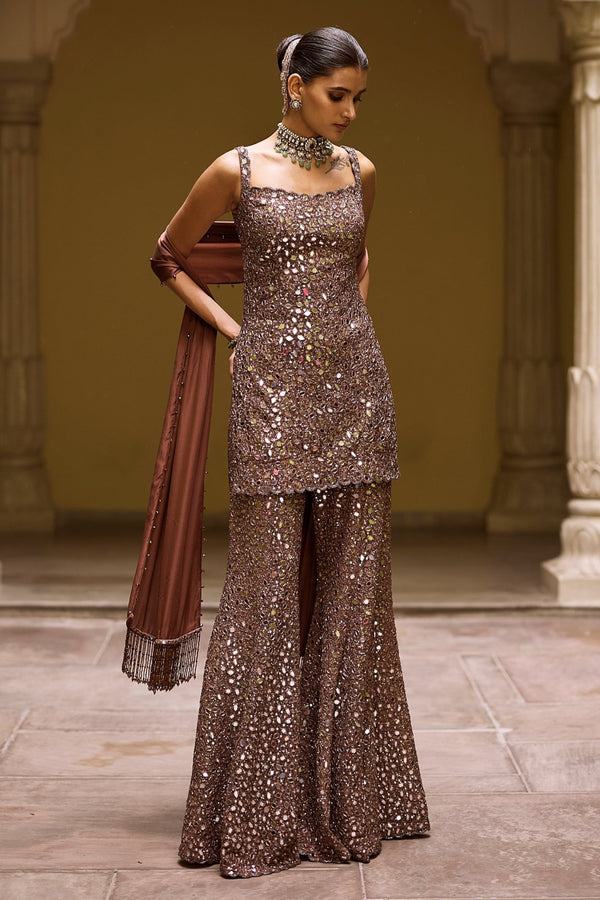 Metallic brown soft net kurta sharara for sangeet by Vvani by Vani Vats