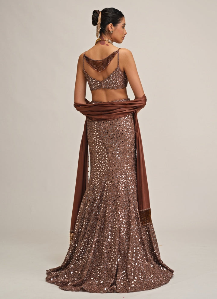 Vvani by Vani Vats Metallic Brown Soft Net Mermaid LehengaFabilicious Fashion