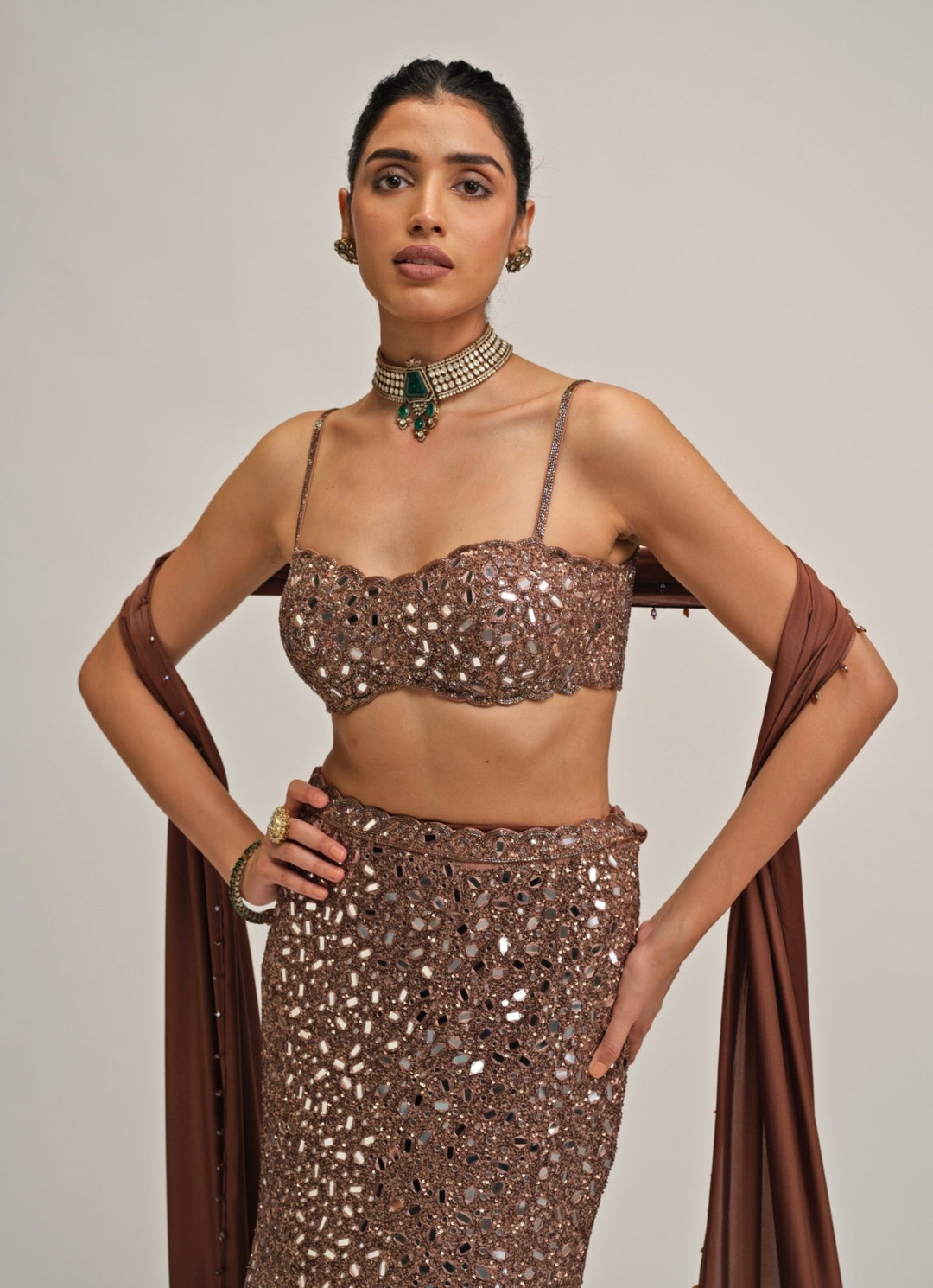 Vvani by Vani Vats Metallic Brown Soft Net Mermaid LehengaFabilicious Fashion