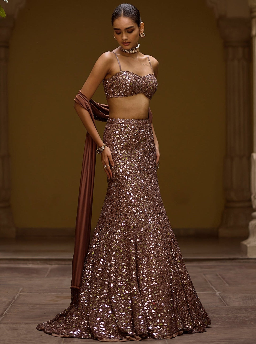 Vvani by Vani Vats Metallic Brown Soft Net Mermaid LehengaFabilicious Fashion