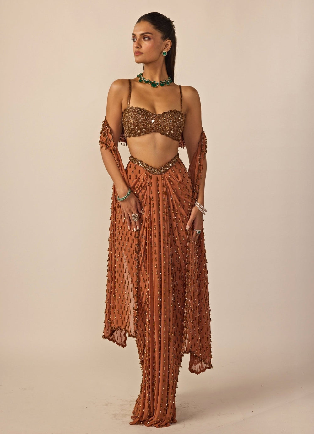 Metallic Copper Draped Skirt Set Vvani by Vani Vats - Fabilicious Fashion