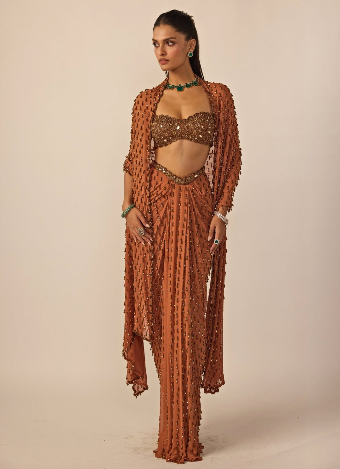 Metallic Copper Draped Skirt Set Vvani by Vani Vats - Fabilicious Fashion