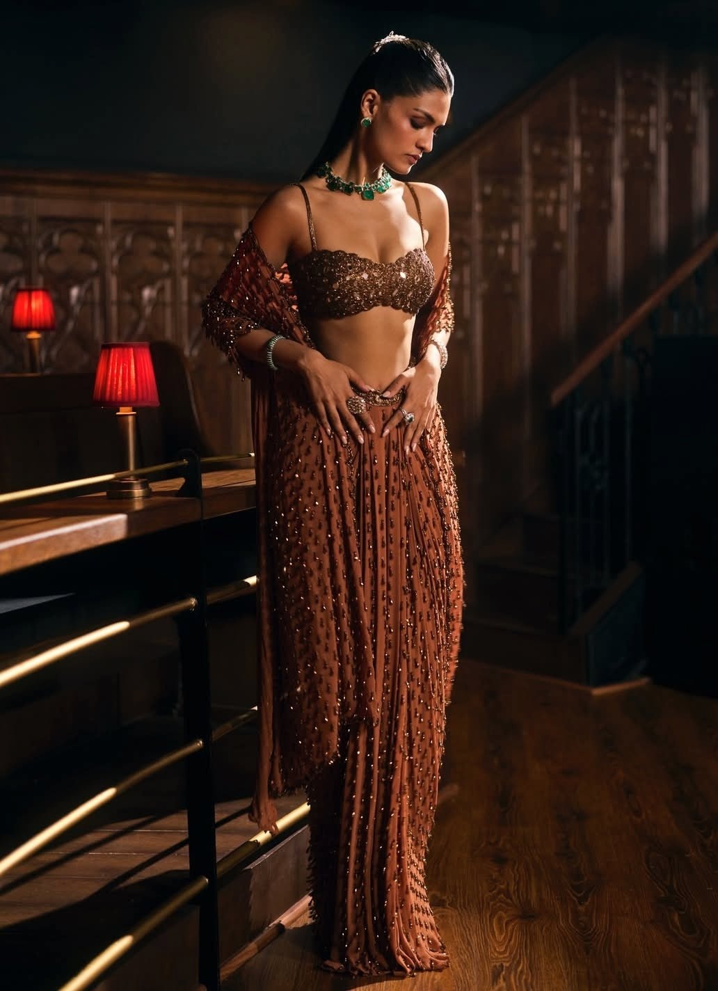 Metallic copper draped skirt set by Vvani by Vani Vats, an Indo-Western cocktail look