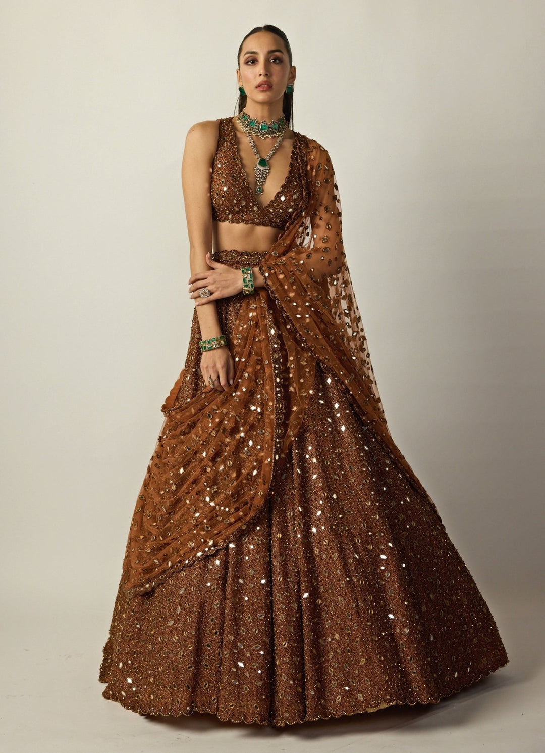 Metallic Copper Embroidered Organza Lehenga Set Vvani by Vani Vats - Fabilicious Fashion