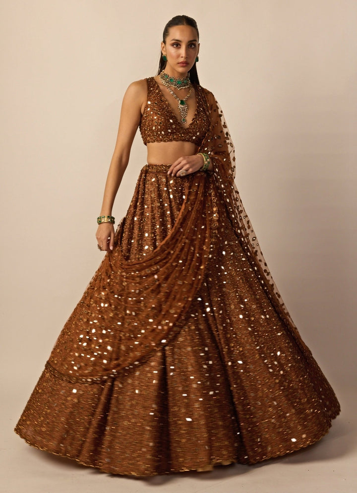 Metallic Copper Embroidered Organza Lehenga Set Vvani by Vani Vats - Fabilicious Fashion