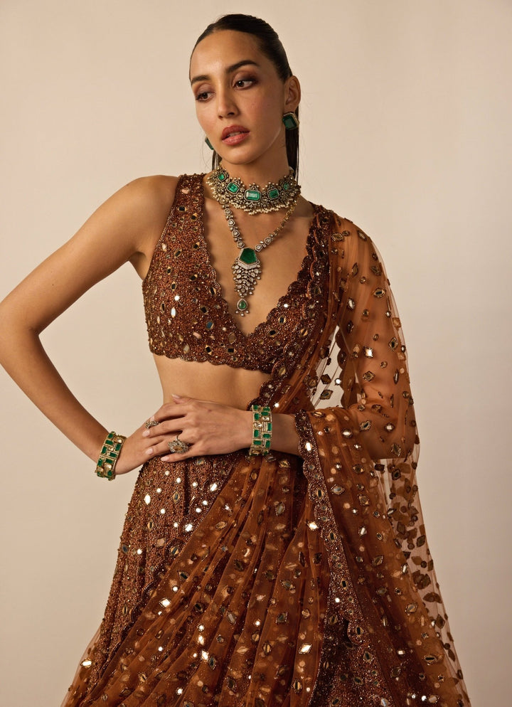 Metallic Copper Embroidered Organza Lehenga Set Vvani by Vani Vats - Fabilicious Fashion