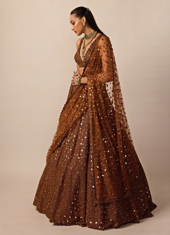 Metallic Copper Embroidered Organza Lehenga Set Vvani by Vani Vats - Fabilicious Fashion