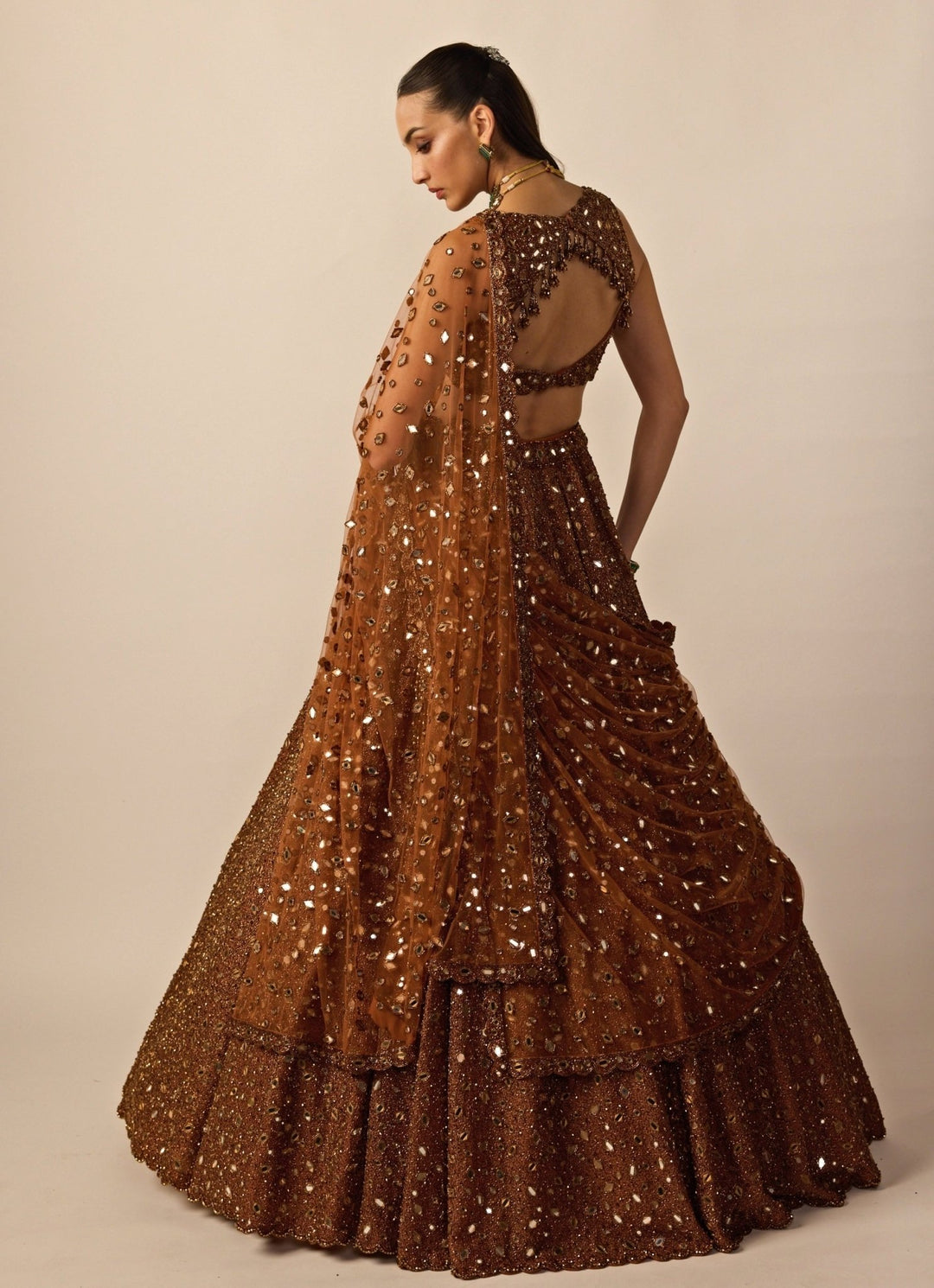 Metallic Copper Embroidered Organza Lehenga Set Vvani by Vani Vats - Fabilicious Fashion