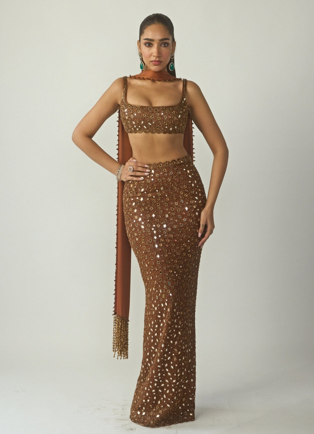 Metallic Copper Soft Net Pencil Skirt Set Vvani by Vani Vats - Fabilicious Fashion