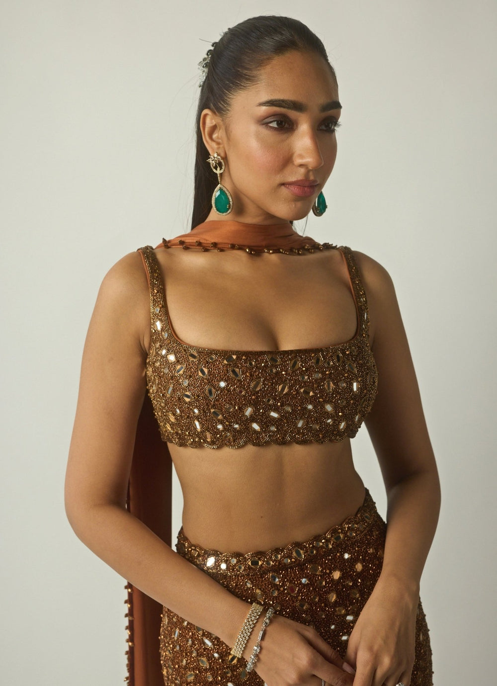 Metallic Copper Soft Net Pencil Skirt Set Vvani by Vani Vats - Fabilicious Fashion