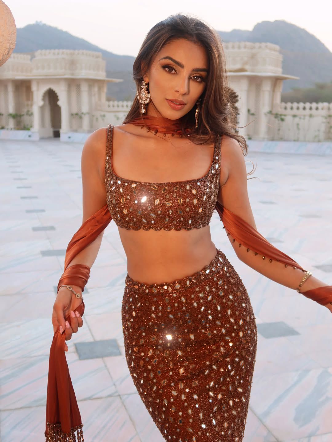 Vvani by Vani Vats Metallic Copper Soft Net Pencil Skirt SetFabilicious Fashion