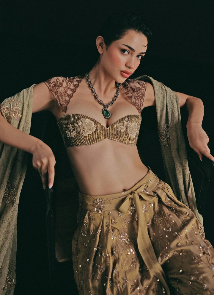The Little Black Bow Metallic Gold And Copper Silk Blouse Pants Set With DupattaFabilicious Fashion