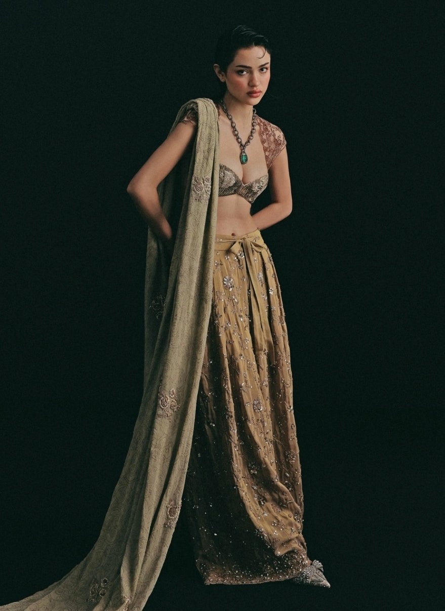 The Little Black Bow Metallic Gold And Copper Silk Blouse Pants Set With DupattaFabilicious Fashion