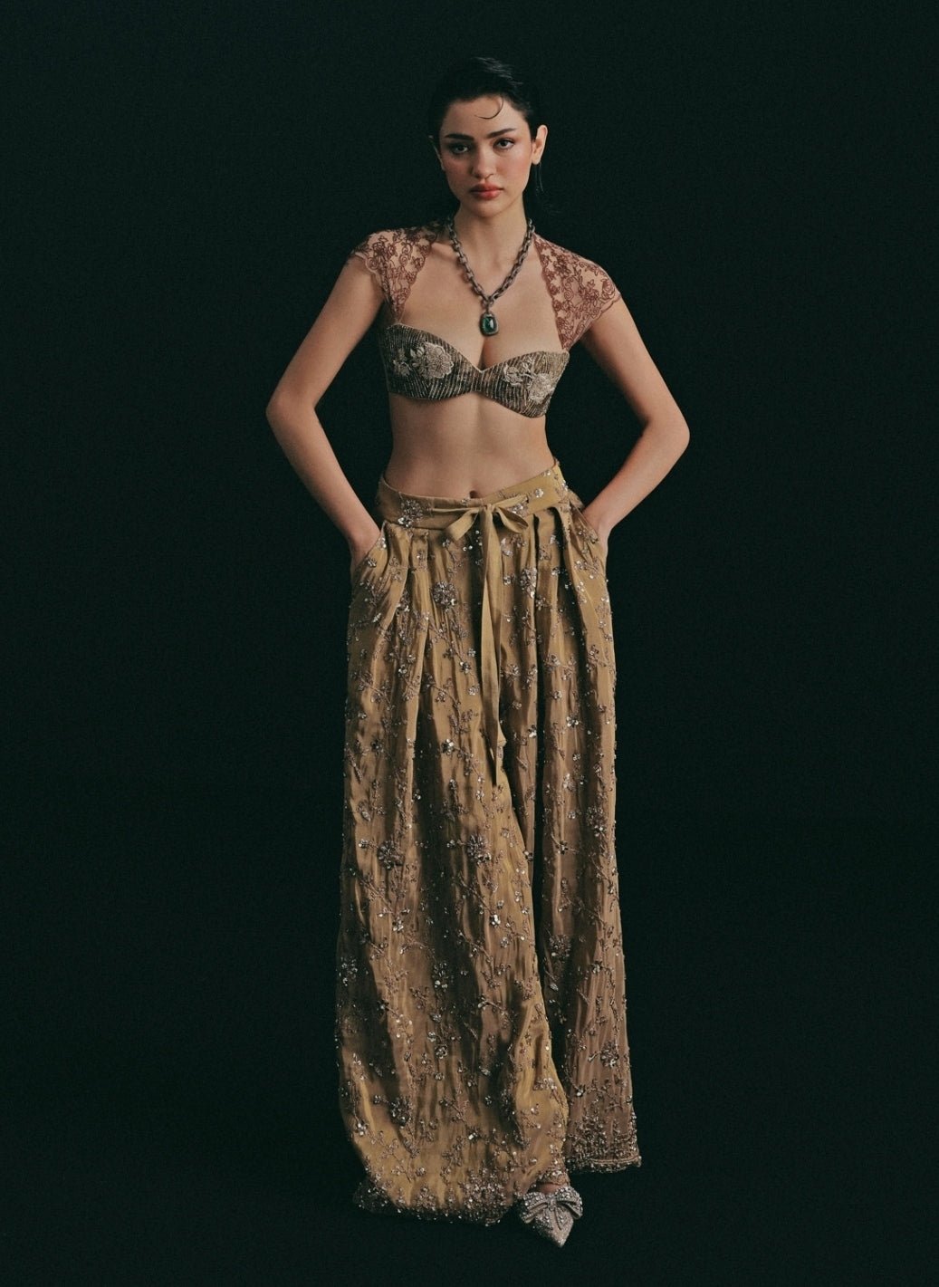The Little Black Bow Metallic Gold And Copper Silk Blouse Pants SetFabilicious Fashion