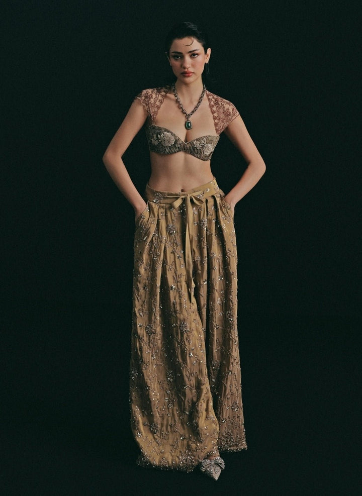 The Little Black Bow Metallic Gold And Copper Silk Blouse Pants SetFabilicious Fashion