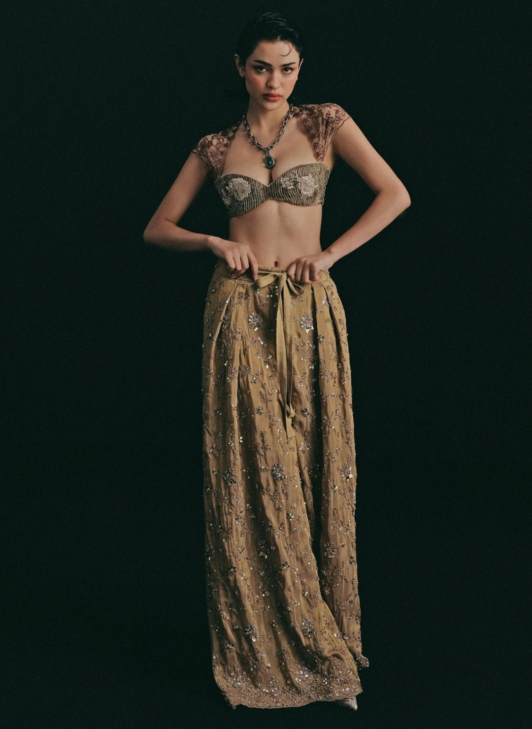 The Little Black Bow Metallic Gold And Copper Silk Blouse Pants SetFabilicious Fashion