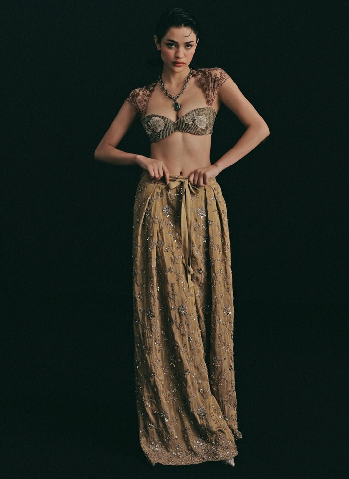 The Little Black Bow Metallic Gold And Copper Silk Blouse Pants SetFabilicious Fashion