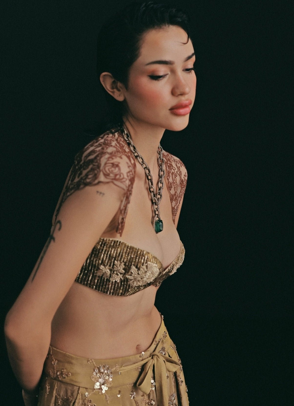 The Little Black Bow Metallic Gold And Copper Silk Blouse Pants SetFabilicious Fashion