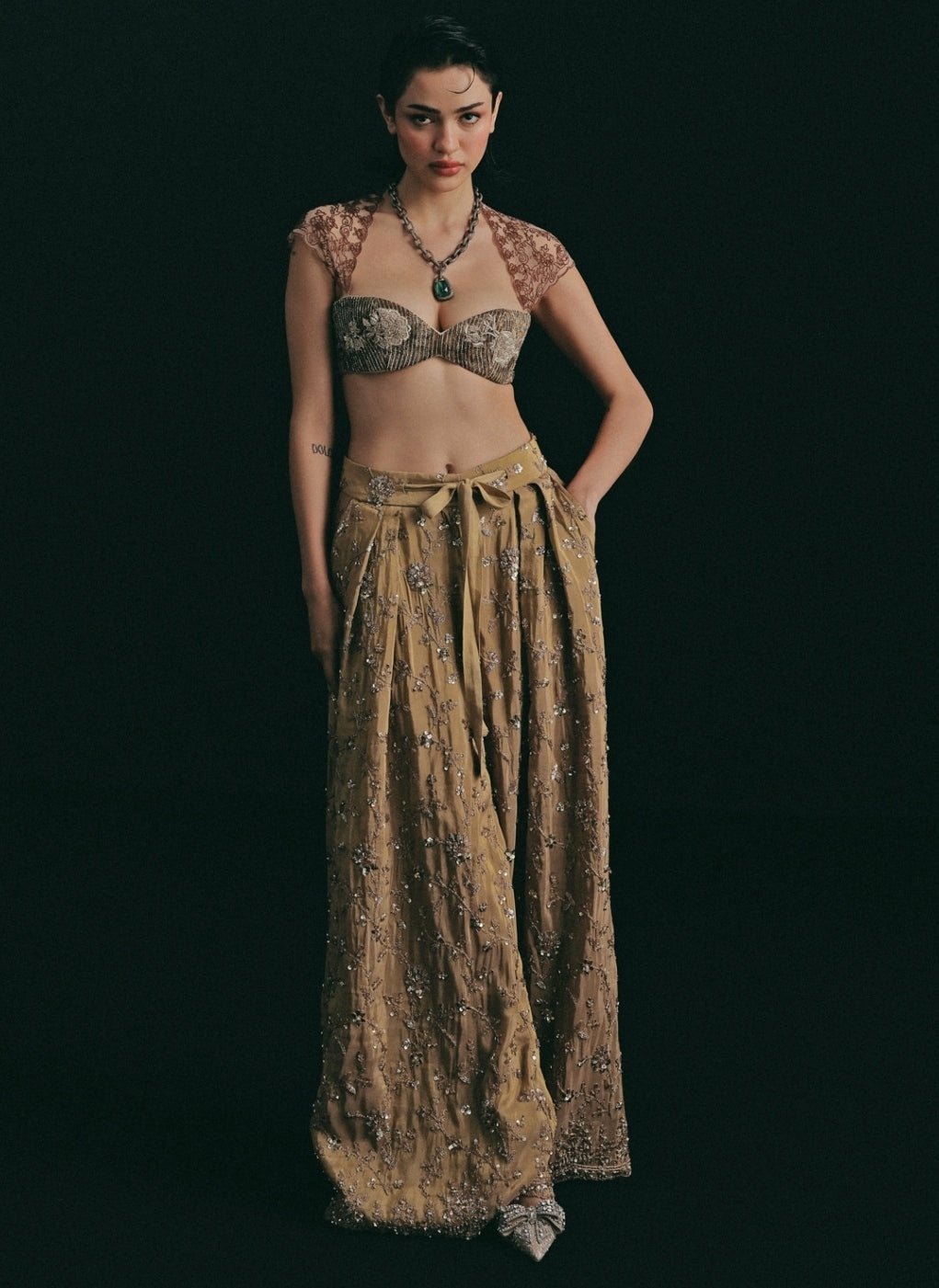 The Little Black Bow Metallic Gold And Copper Silk Blouse Pants SetFabilicious Fashion