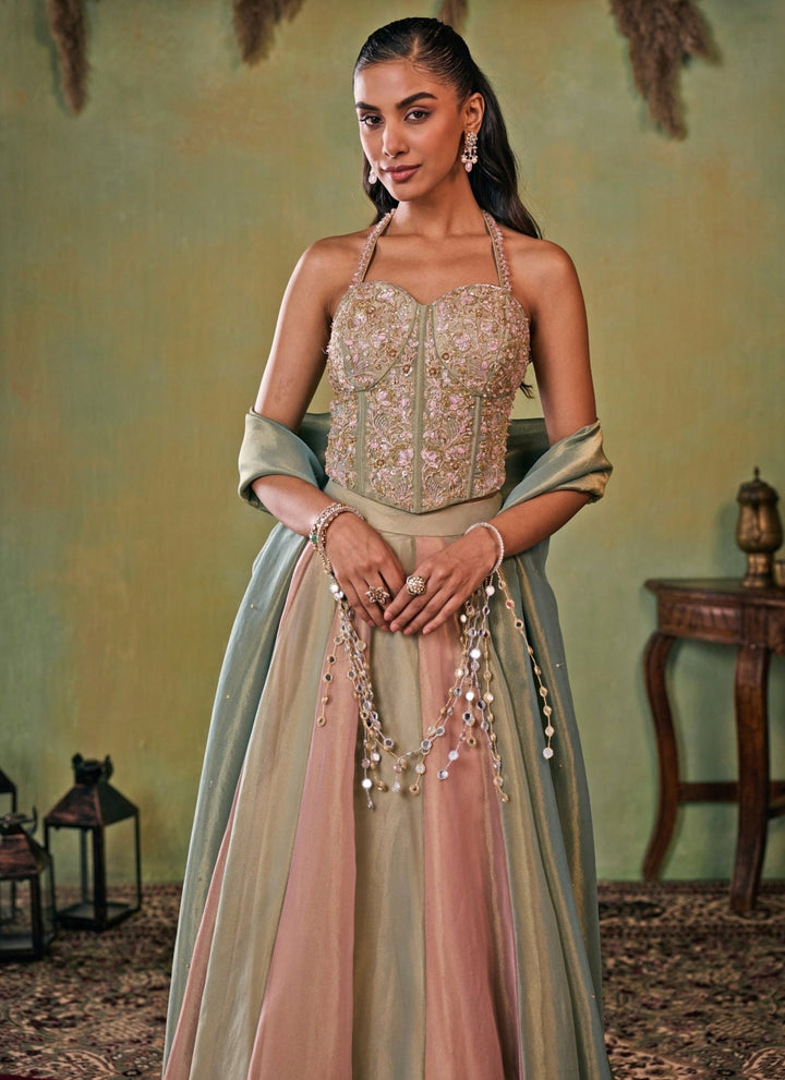 Seema Thukral Metallic Green And Dusty Pink Tissue Corset Lehenga SetFabilicious Fashion