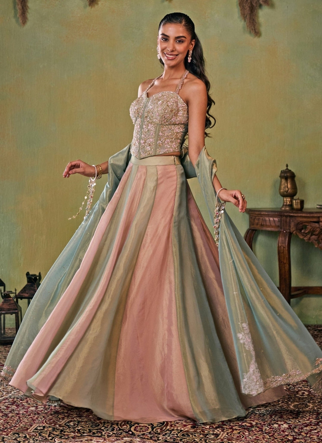 Seema Thukral Metallic Green And Dusty Pink Tissue Corset Lehenga SetFabilicious Fashion