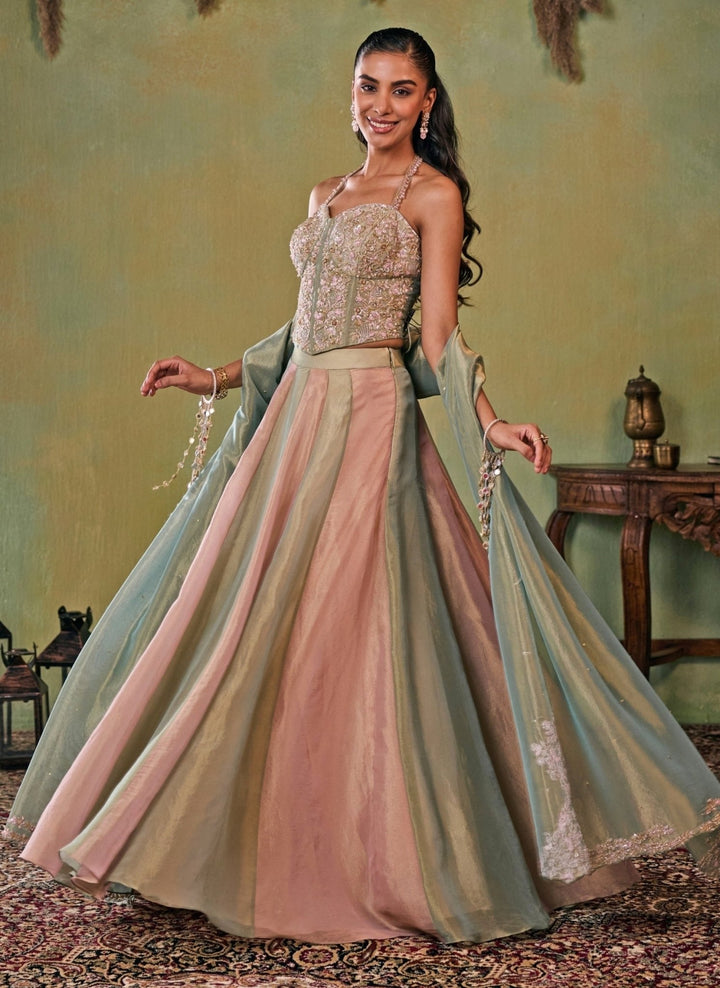 Seema Thukral Metallic Green And Dusty Pink Tissue Corset Lehenga SetFabilicious Fashion