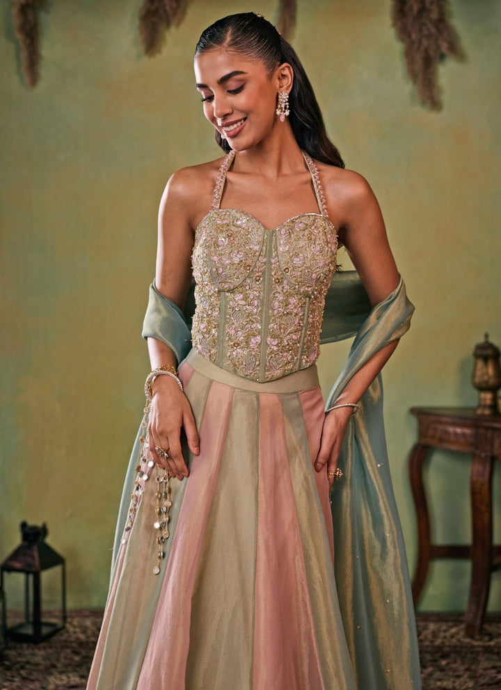 Seema Thukral Metallic Green And Dusty Pink Tissue Corset Lehenga SetFabilicious Fashion