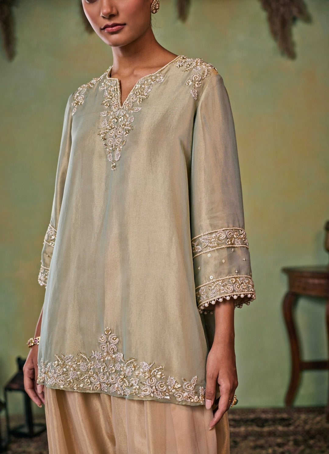 Seema Thukral Metallic Green And Gold Tissue Kurta Salwar SetFabilicious Fashion