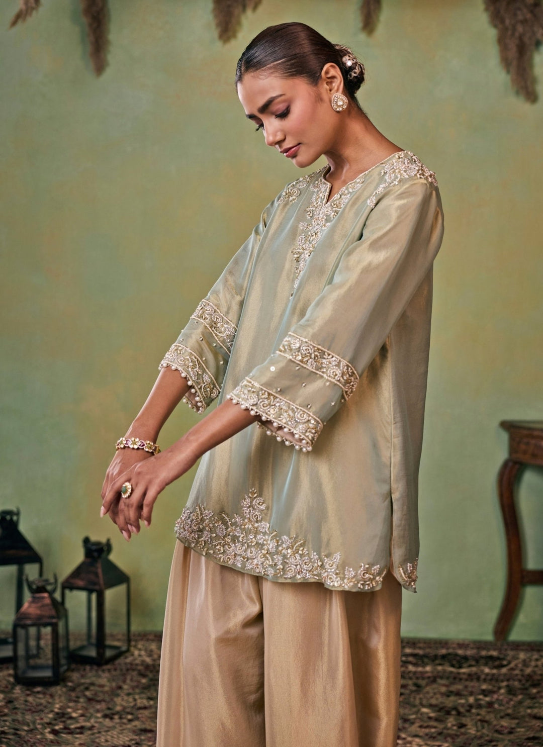 Seema Thukral Metallic Green And Gold Tissue Kurta Salwar SetFabilicious Fashion