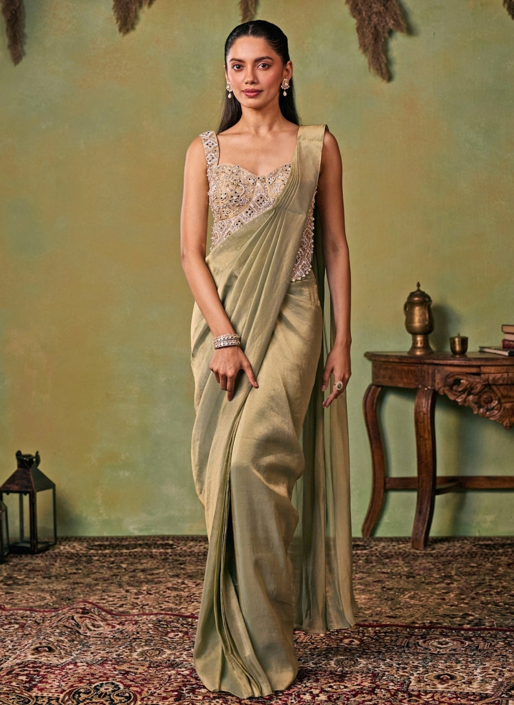 Seema Thukral Metallic Green Tissue Pre-Draped Saree SetFabilicious Fashion