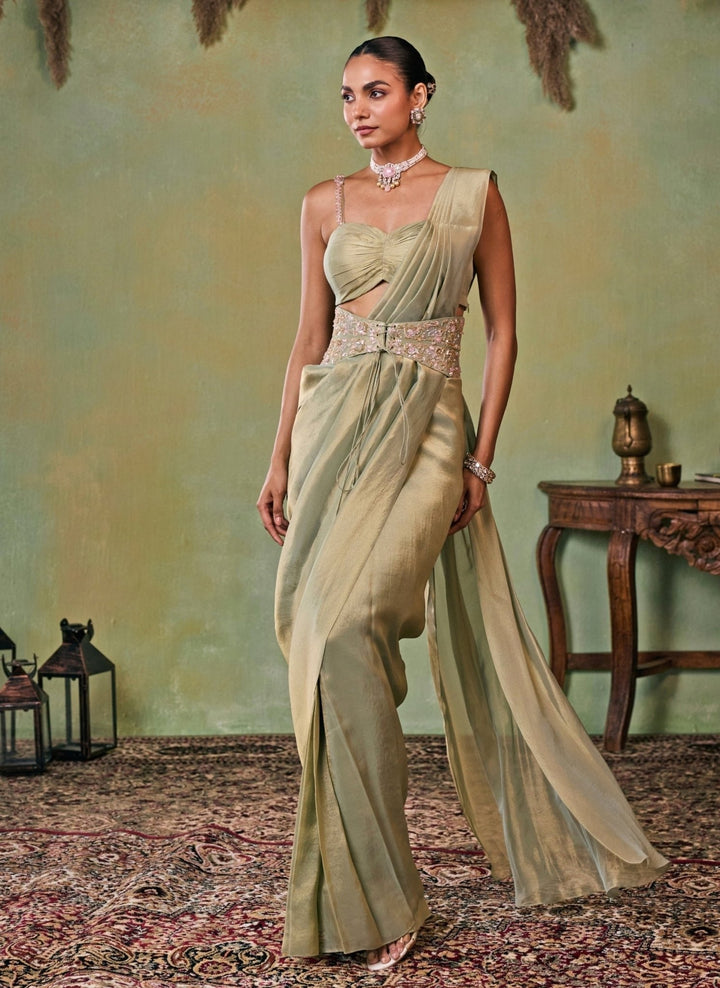 Seema Thukral Metallic Green Tissue Pre-Draped Saree With Corset BeltFabilicious Fashion
