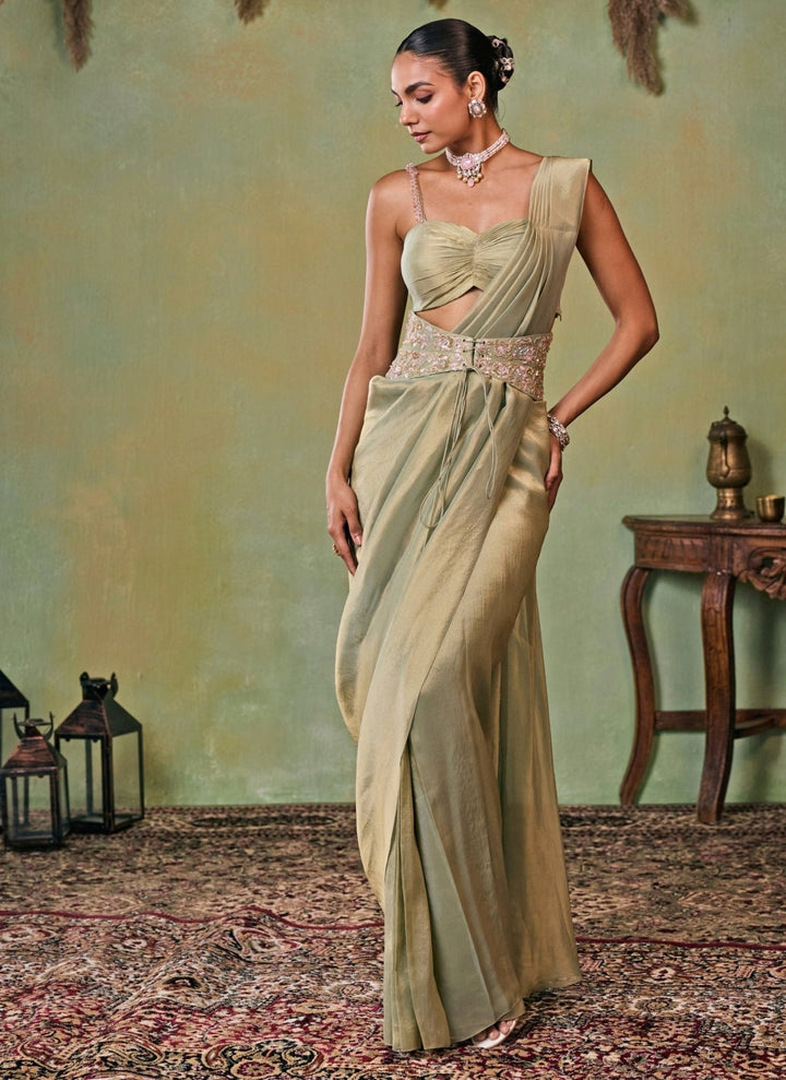 Seema Thukral Metallic Green Tissue Pre-Draped Saree With Corset BeltFabilicious Fashion