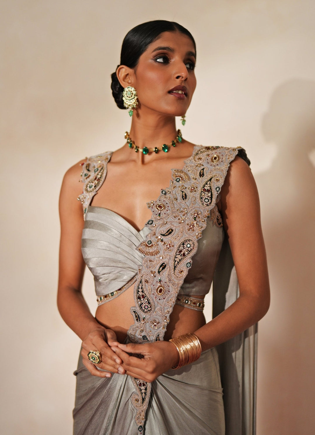 Metallic Grey Chiffon Pre - Draped Saree Isha Gupta Tayal - Fabilicious Fashion