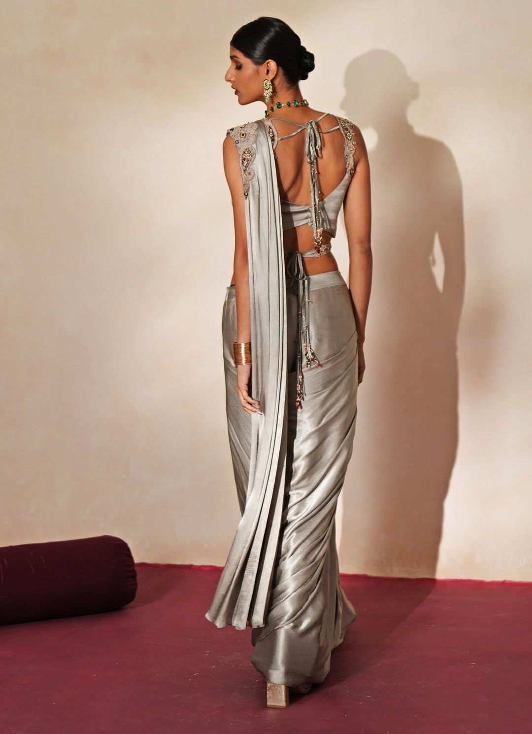 Metallic Grey Chiffon Pre - Draped Saree Isha Gupta Tayal - Fabilicious Fashion